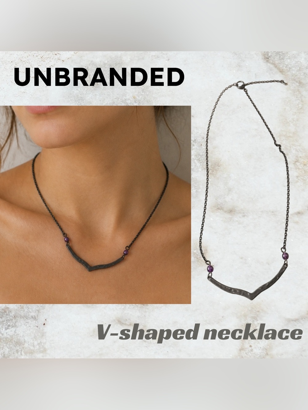 🇨🇦👍VGUC UNBRANDED | 20 cm | Delicate V-Shaped chevron & purple beads necklace
